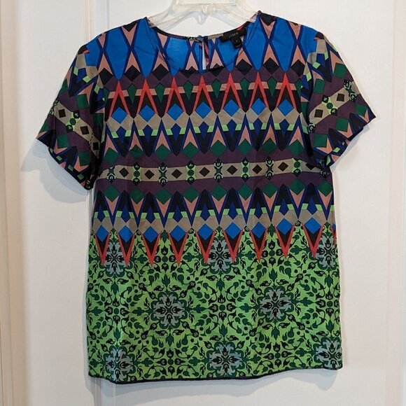 J. Crew Top Women's Size 2 Colorful 100% Silk Geometric Patterned Short Sleeve - Picture 6 of 16